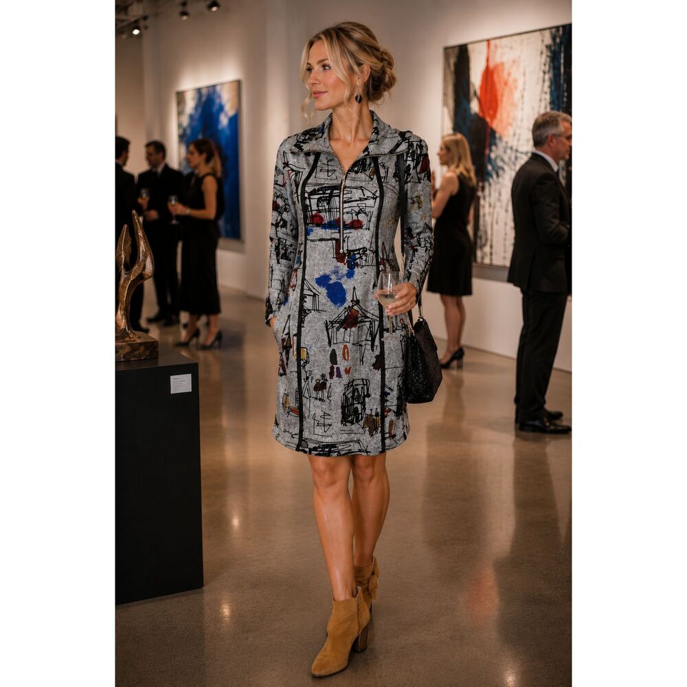 Artex Abstract Print Zip Front Dress | Made in Canada | Size L / G